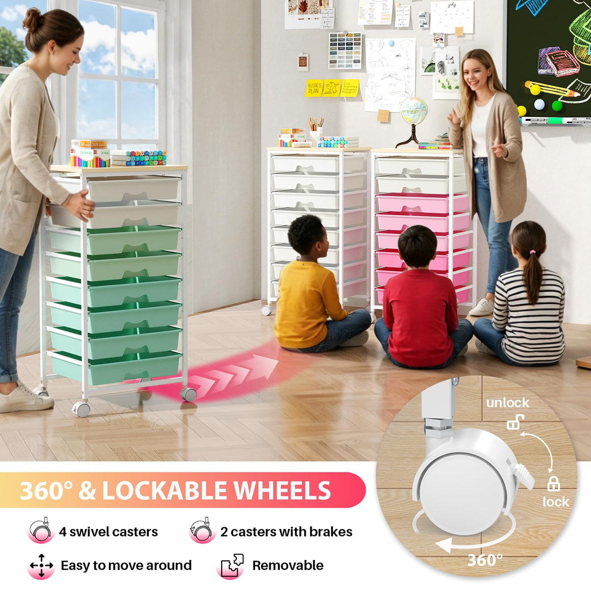 Green Rolling Cart with 8 Drawers W595089