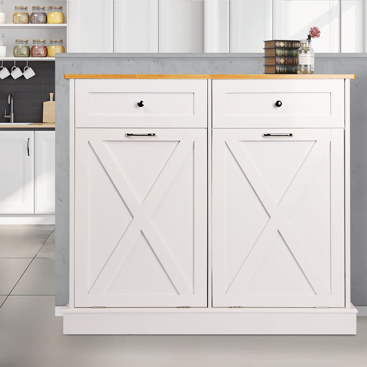 White 2 x 10 Gallon Wooden Tilt Out Trash Can Cabinet Y257