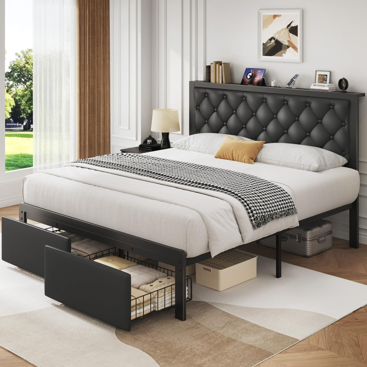 Queen Bed Frame with Upholstered Headboard and 2 Storage Drawers Y9958