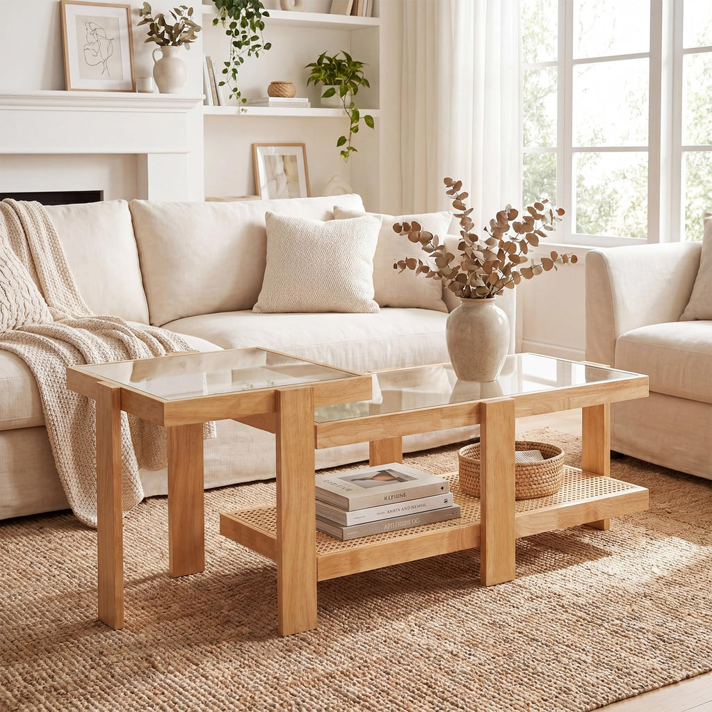 Nesting Coffee Table Set of 2 Rattan Tempered Glass R463976
