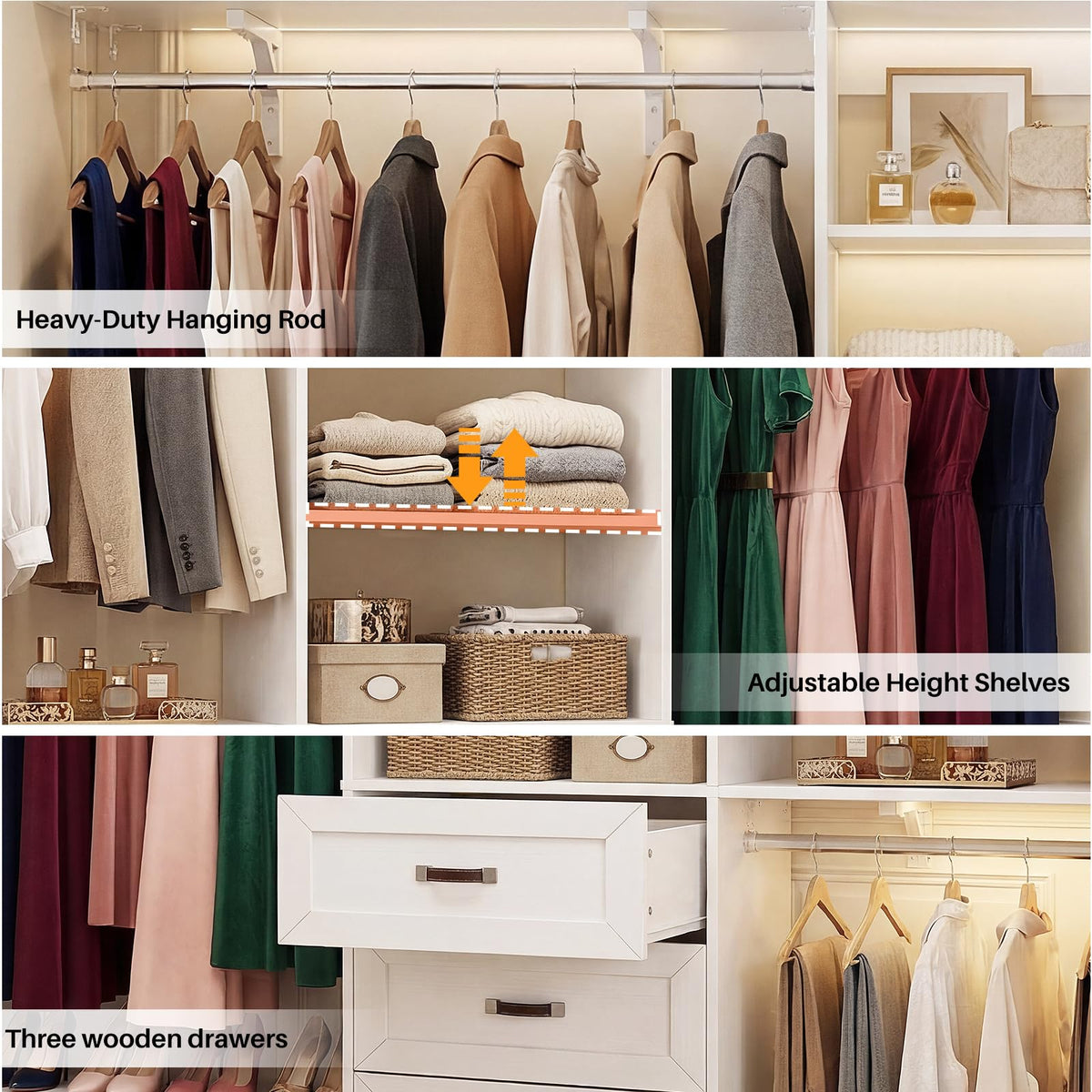 8FT White Wooden Closet System with 3 Drawers and 3 Hanging Rods P715059