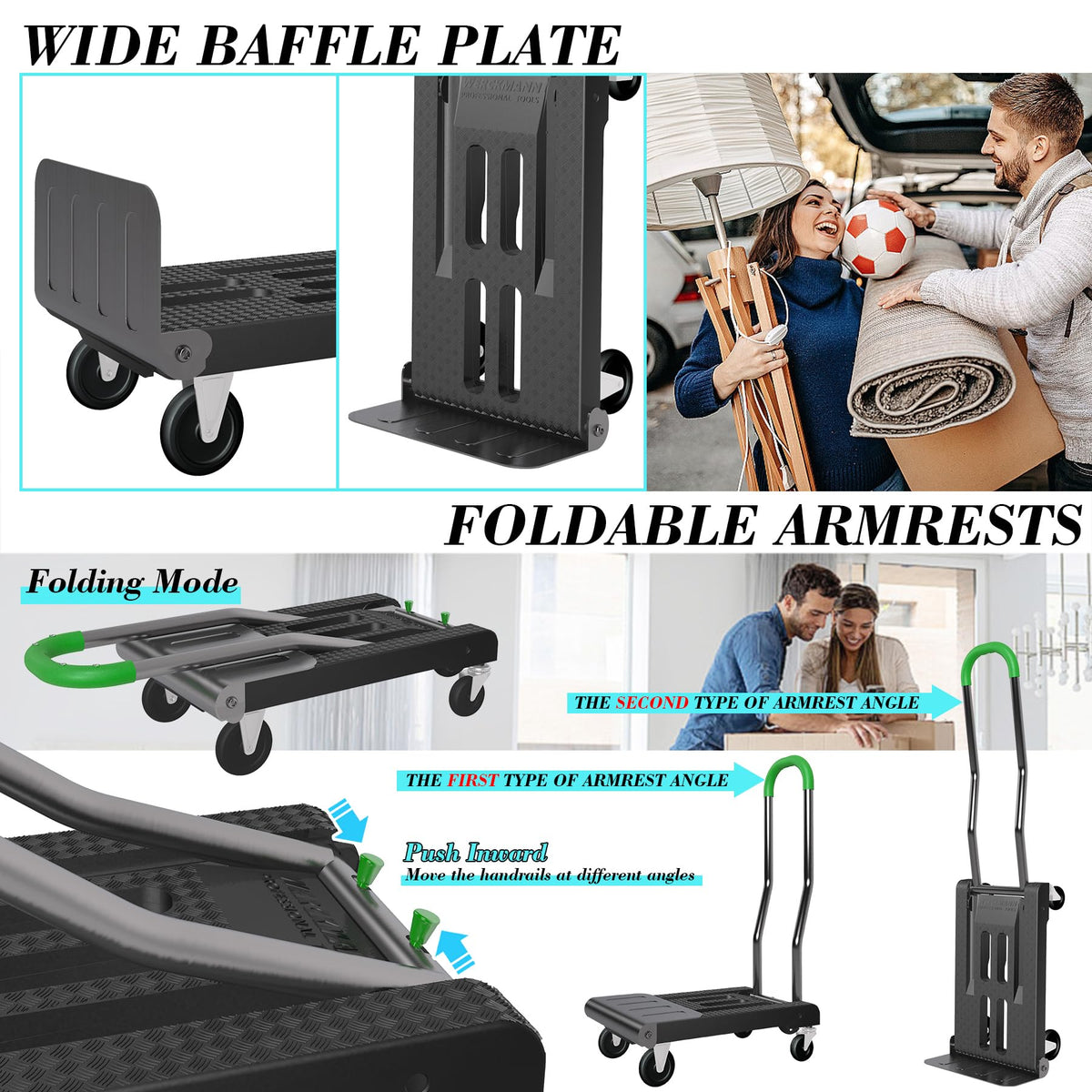 2-in-1 Convertible Hand Truck Dolly, 330LBS Capacity, Foldable Black & Dill Green U8510