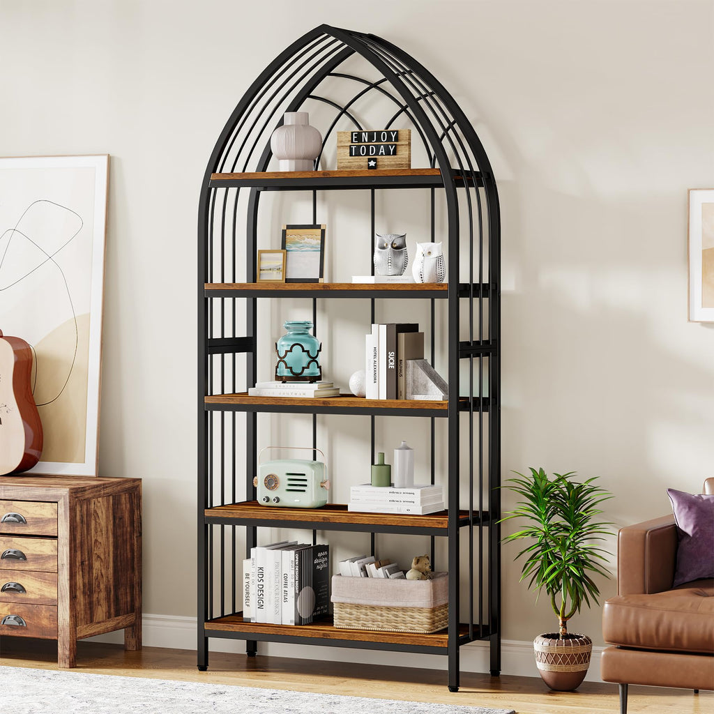 5-Tier 74.8-Inch Tall Curved Wood Bookshelf with Metal Frame G660786