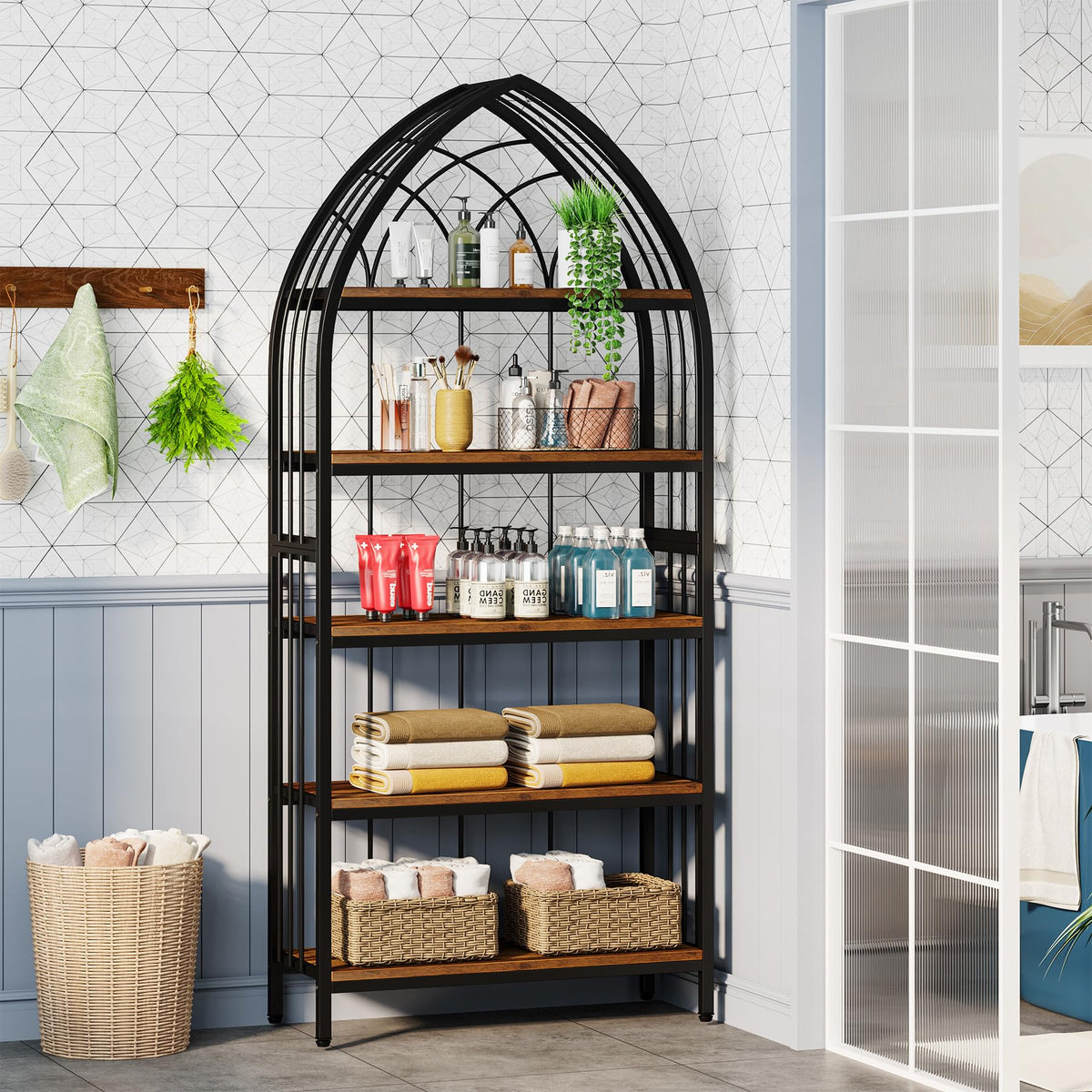 5-Tier 74.8-Inch Tall Curved Wood Bookshelf with Metal Frame G660786