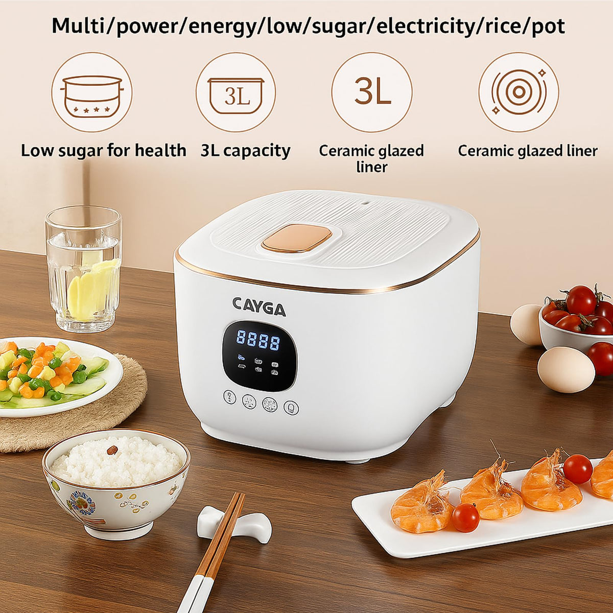Low Sugar 3L Ceramic Rice Cooker with Steamer Basket Y7144