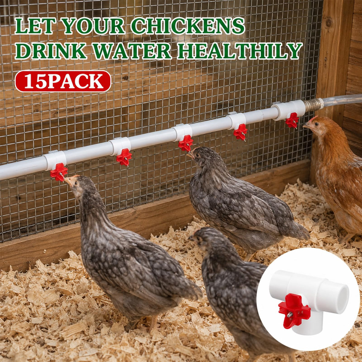 15 Pack Chicken Nipples Waterer with PVC Tee Fittings G219