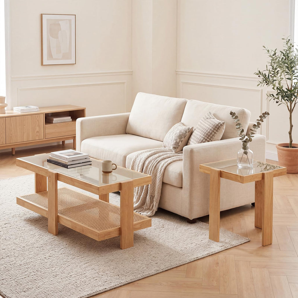 Nesting Coffee Table Set of 2 Rattan Tempered Glass R463976