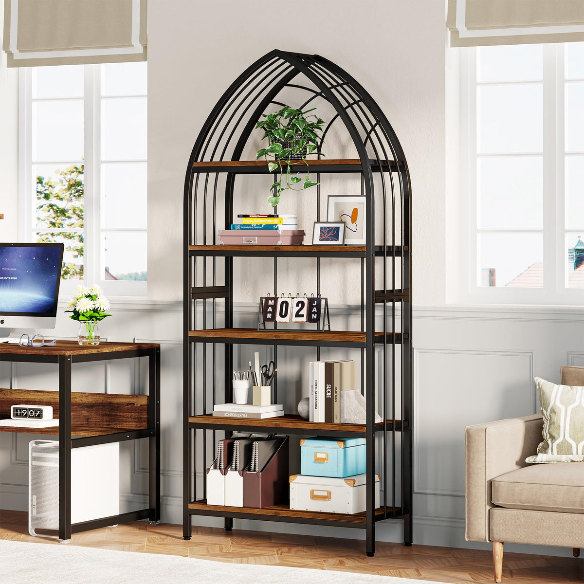 5-Tier 74.8-Inch Tall Curved Wood Bookshelf with Metal Frame G660786