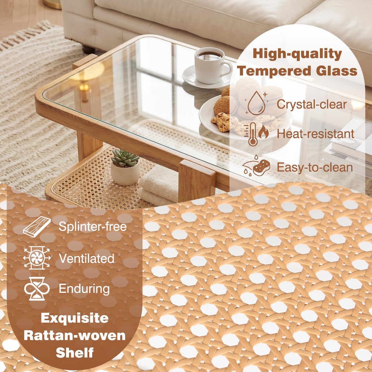Nesting Coffee Table Set of 2 Rattan Tempered Glass R463976