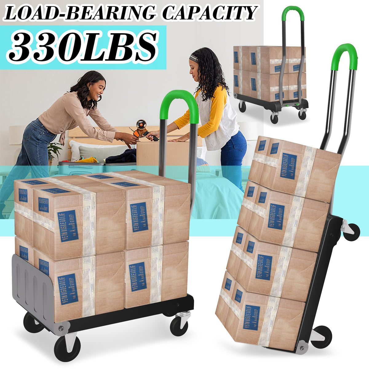 2-in-1 Convertible Hand Truck Dolly, 330LBS Capacity, Foldable Black & Dill Green U8510