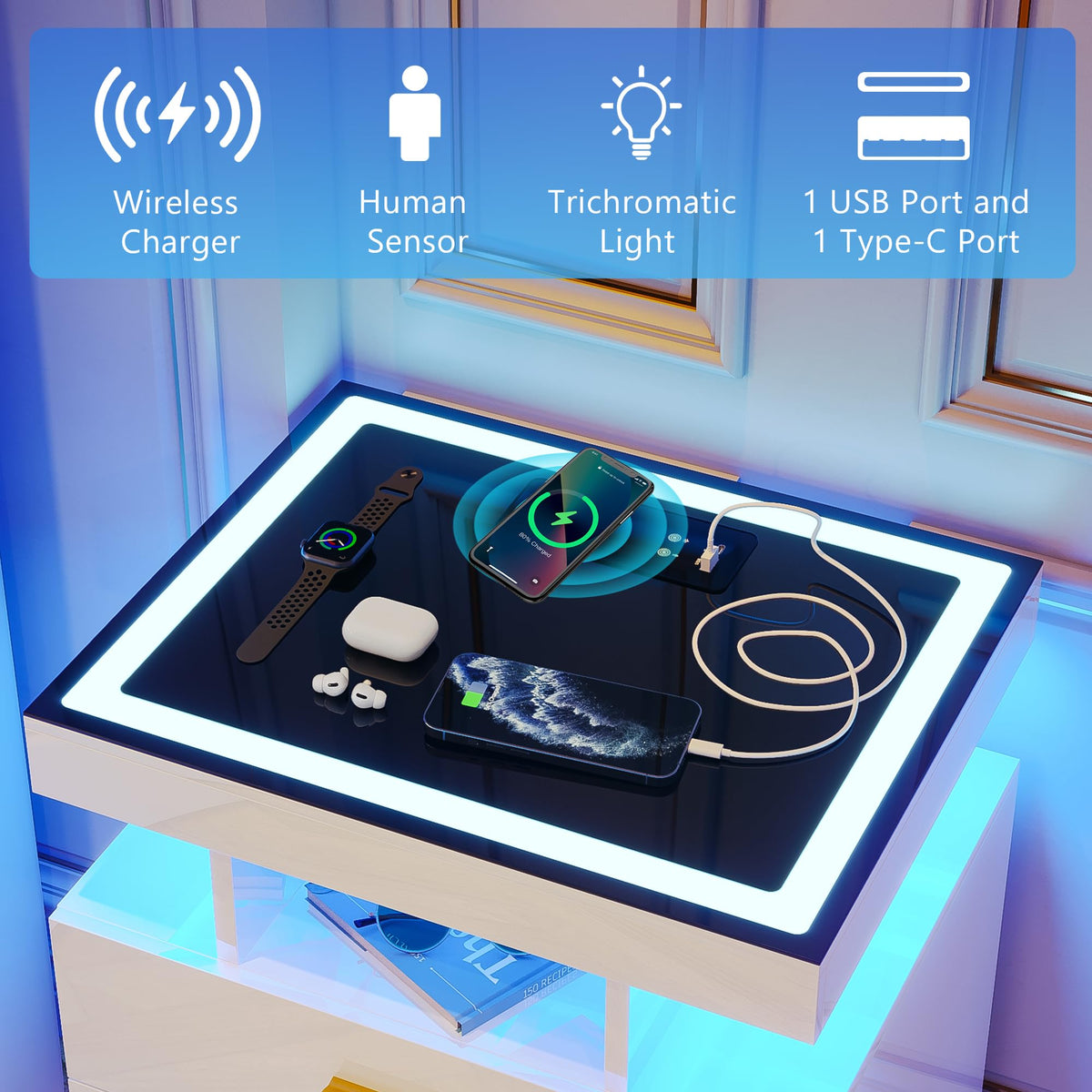 White LED Nightstand with Wireless Charging Station Q8368