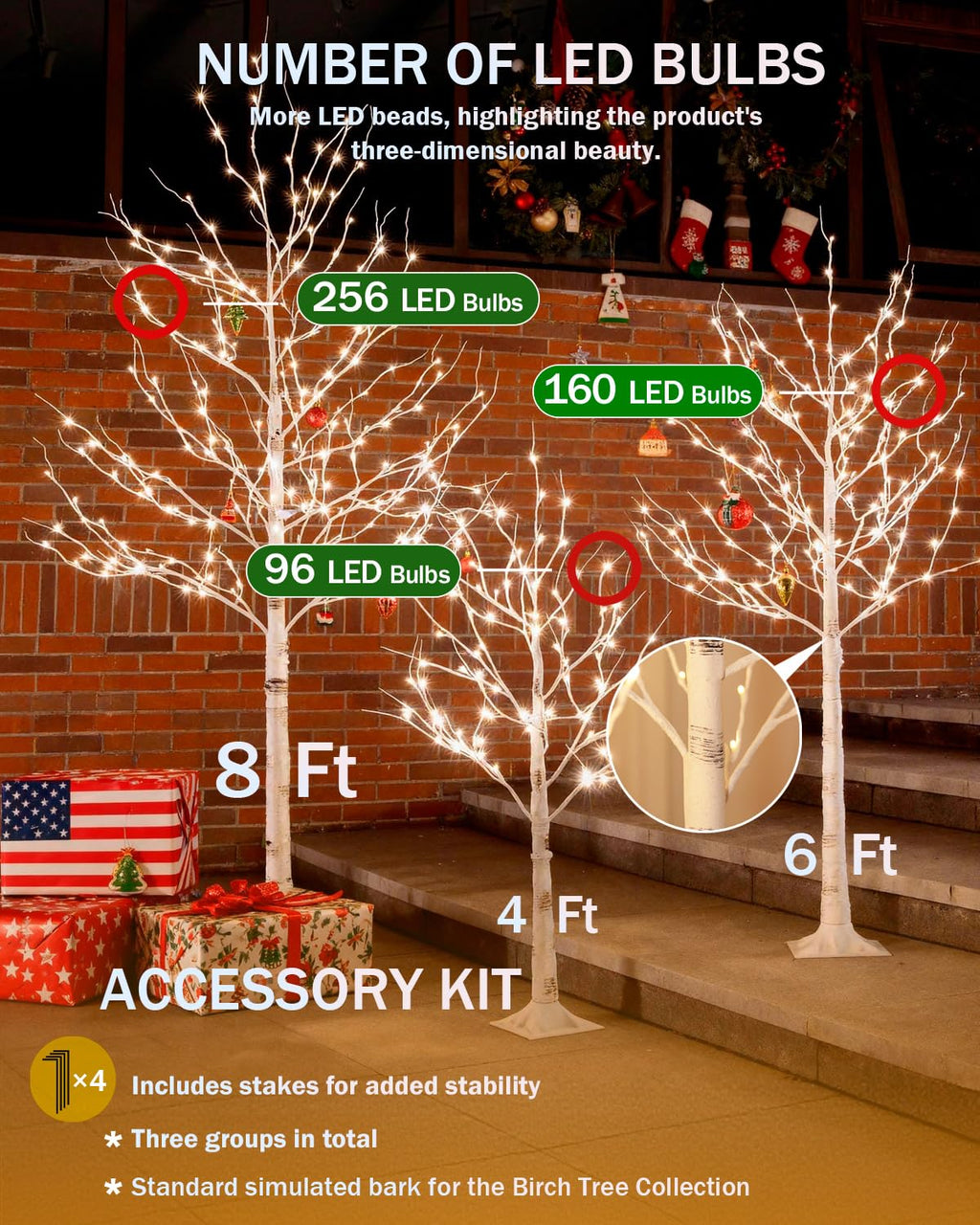 Lighted Birch Tree Set 4ft 6ft 8ft 512 Warm White LEDs F86059