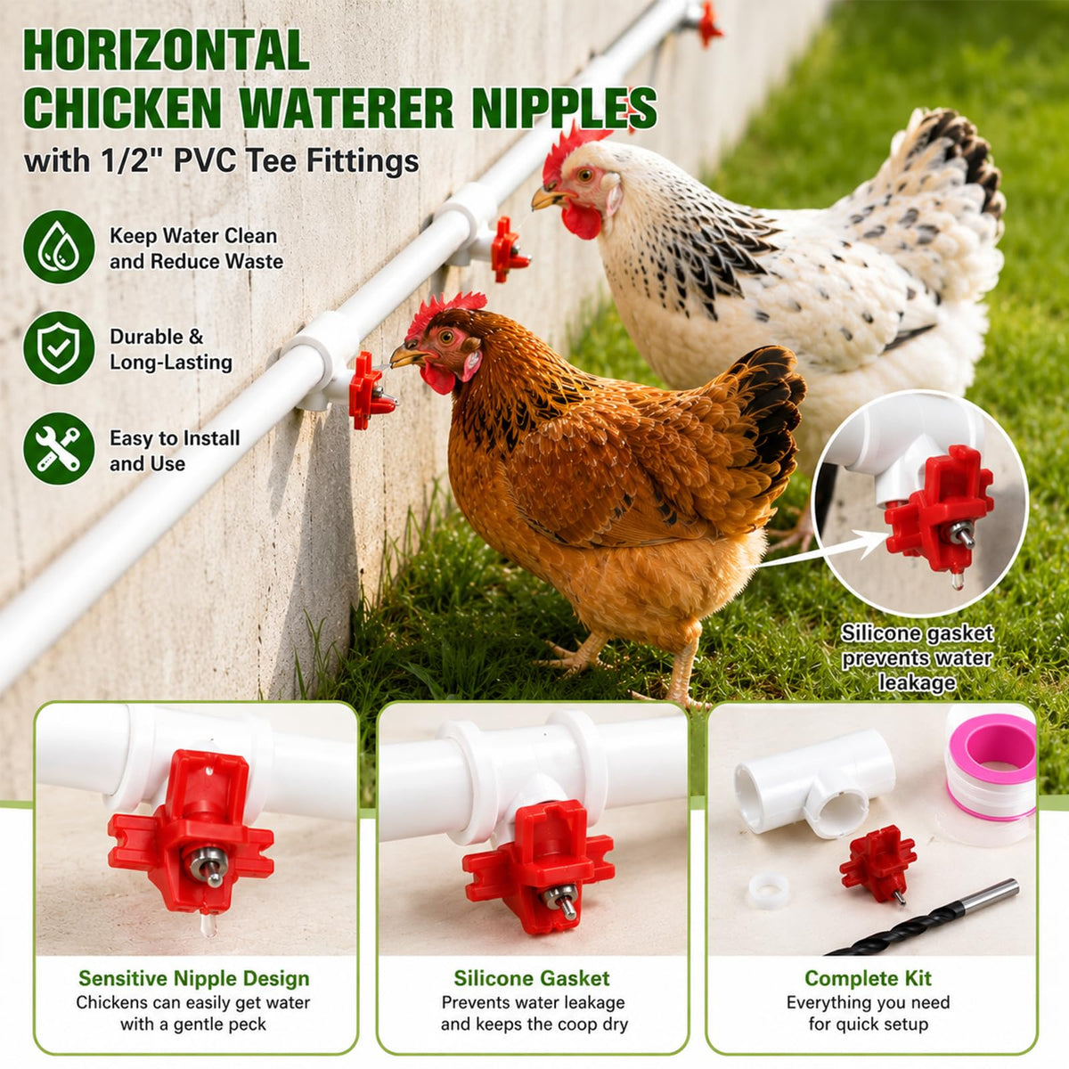 15 Pack Chicken Nipples Waterer with PVC Tee Fittings G219