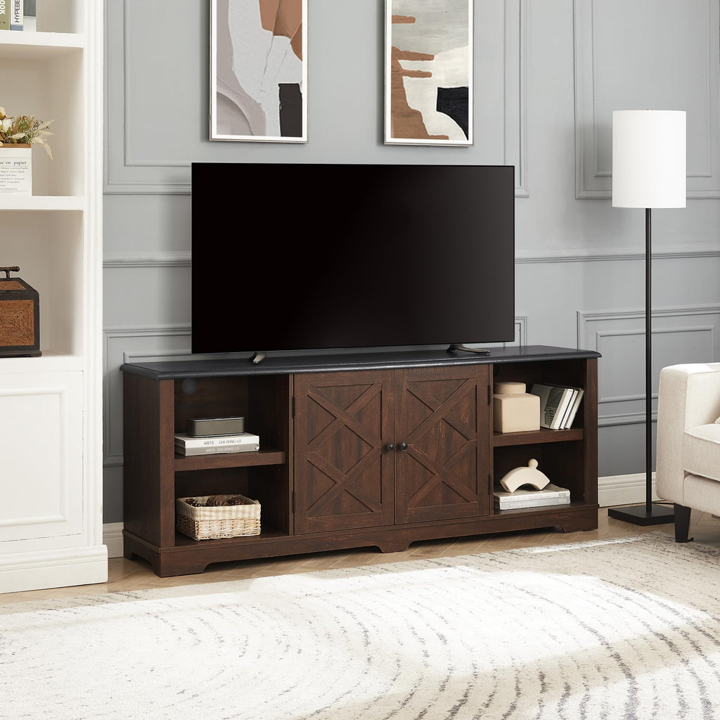 Espresso and Black TV Media Stand with Open Shelves and Closed Cabinets O82148