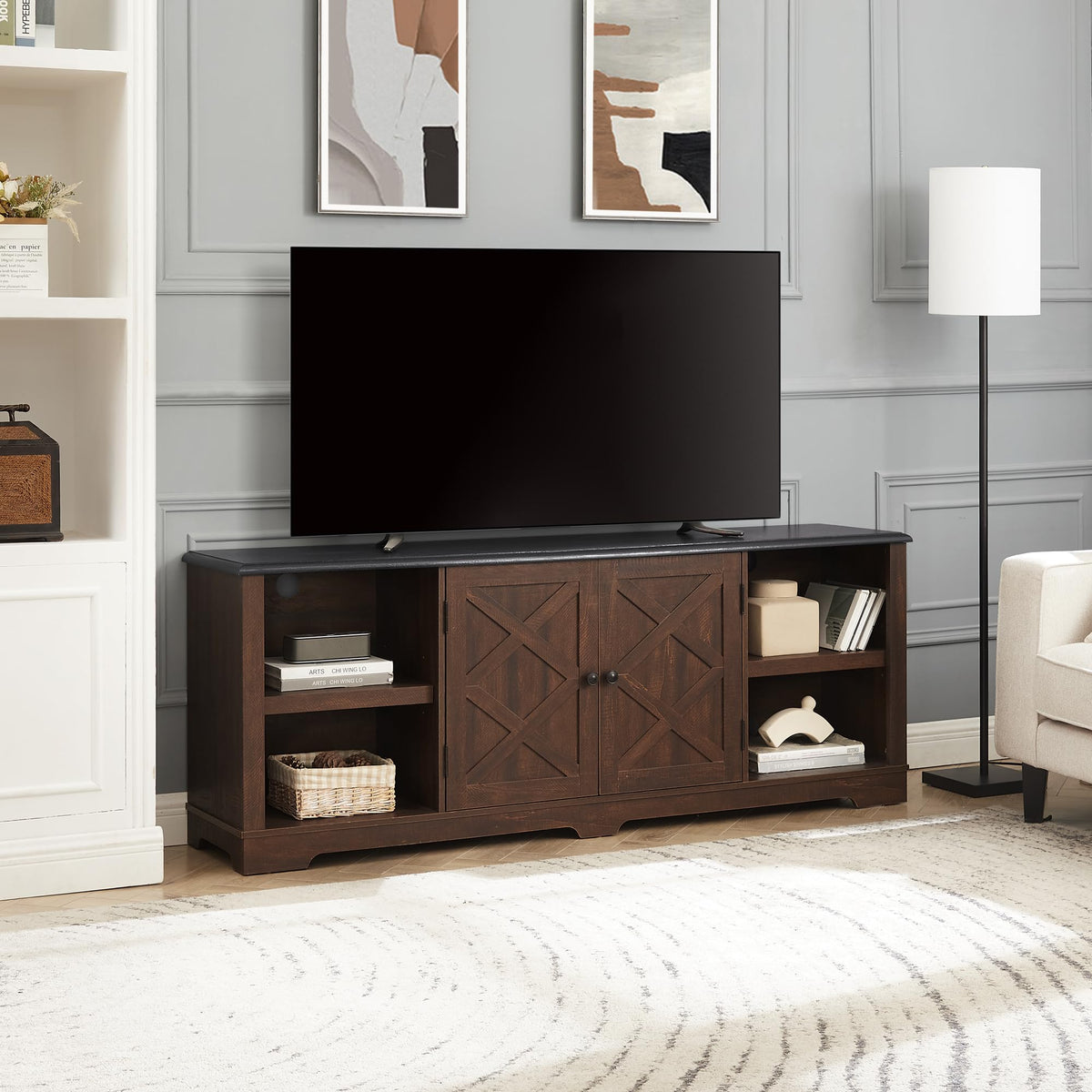 Espresso and Black TV Media Stand with Open Shelves and Closed Cabinets O82148