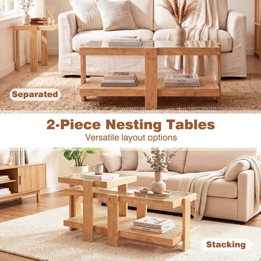 Nesting Coffee Table Set of 2 Rattan Tempered Glass R463976