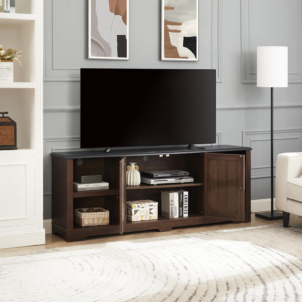 Espresso and Black TV Media Stand with Open Shelves and Closed Cabinets O82148