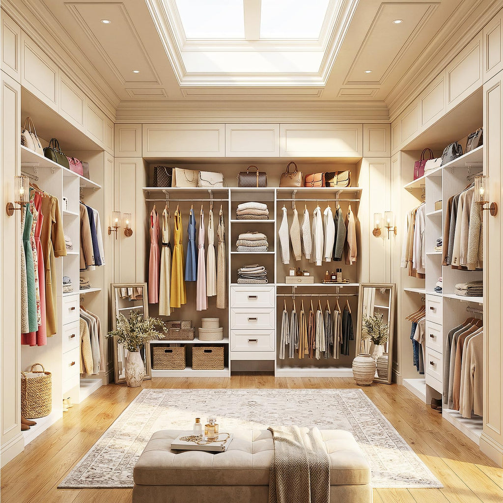 8FT White Wooden Closet System with 3 Drawers and 3 Hanging Rods P715059