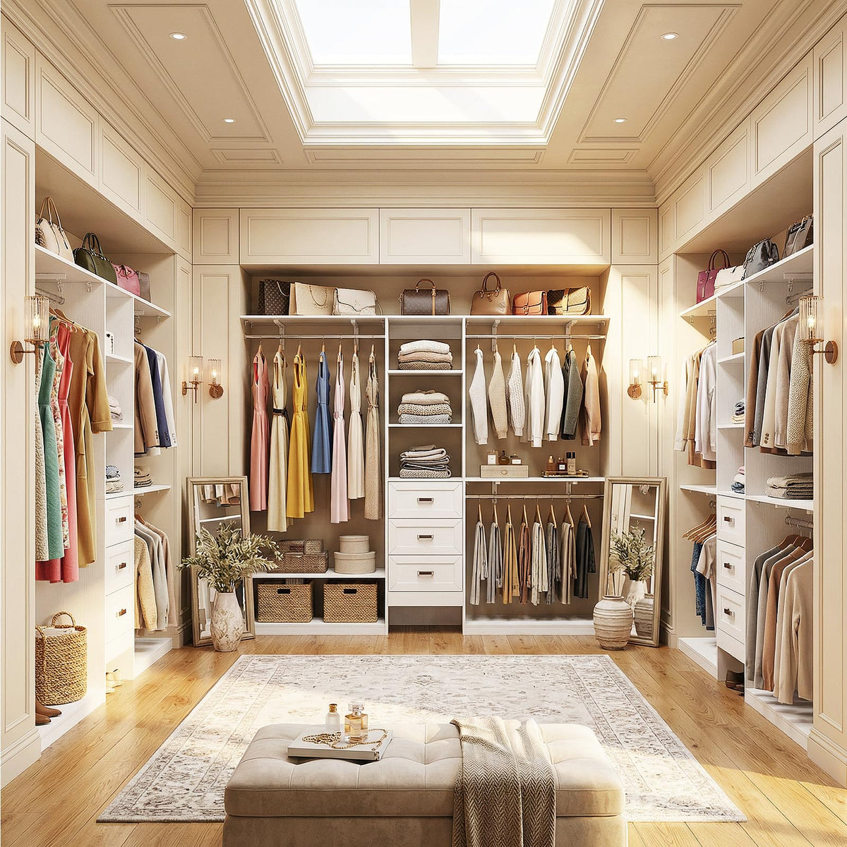8FT White Wooden Closet System with 3 Drawers and 3 Hanging Rods P715059