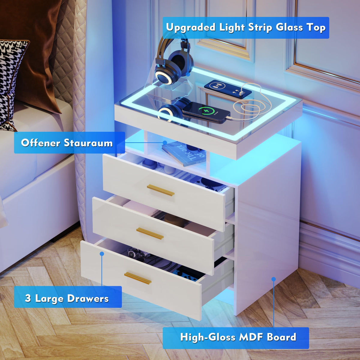 White LED Nightstand with Wireless Charging Station Q8368