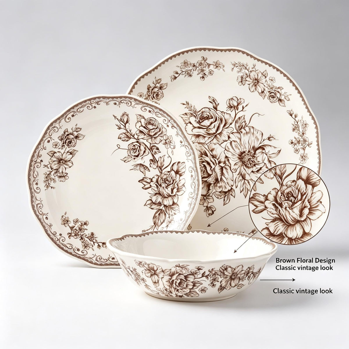 12 Piece Green Floral Stoneware Dinnerware Set G8229