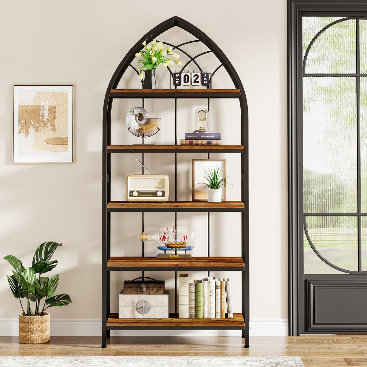 5-Tier 74.8-Inch Tall Curved Wood Bookshelf with Metal Frame G660786