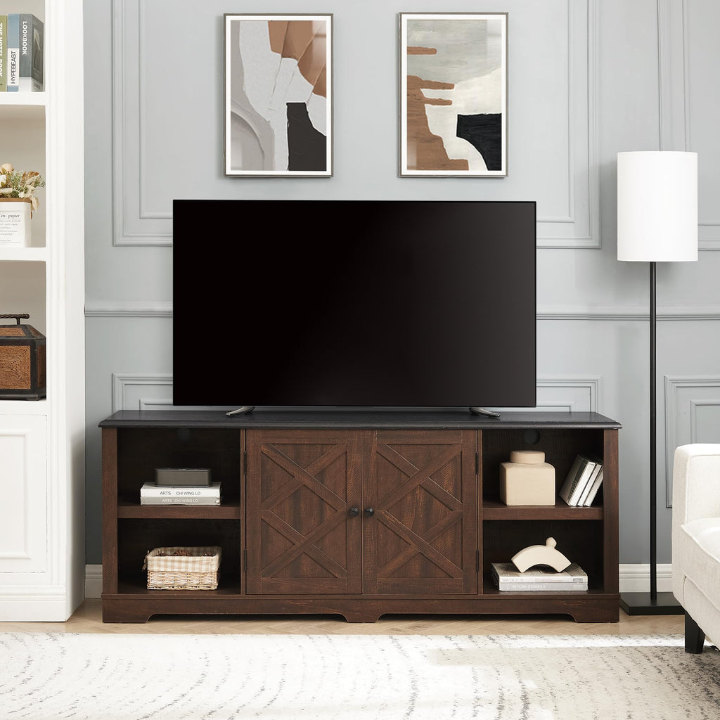Espresso and Black TV Media Stand with Open Shelves and Closed Cabinets O82148