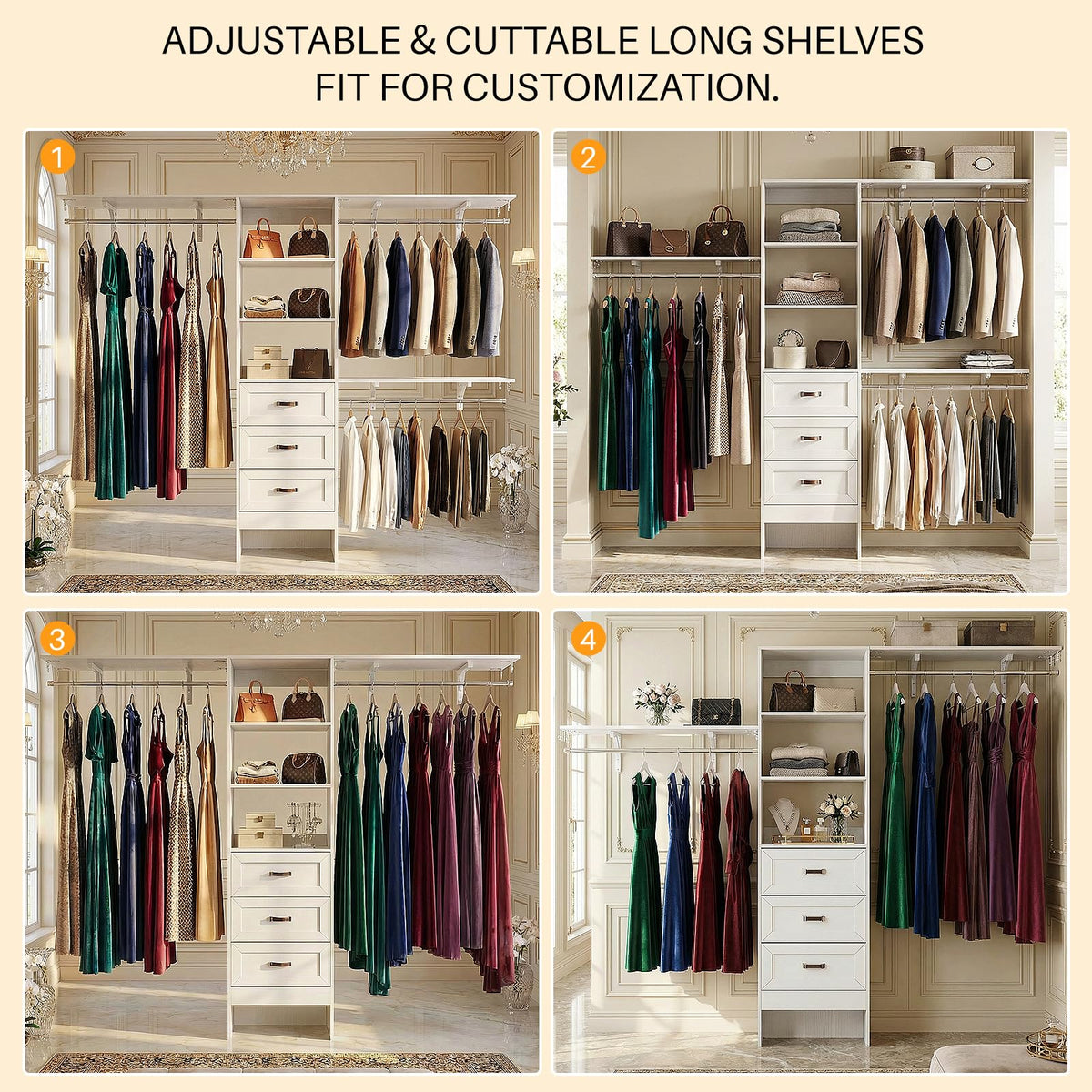 8FT White Wooden Closet System with 3 Drawers and 3 Hanging Rods P715059