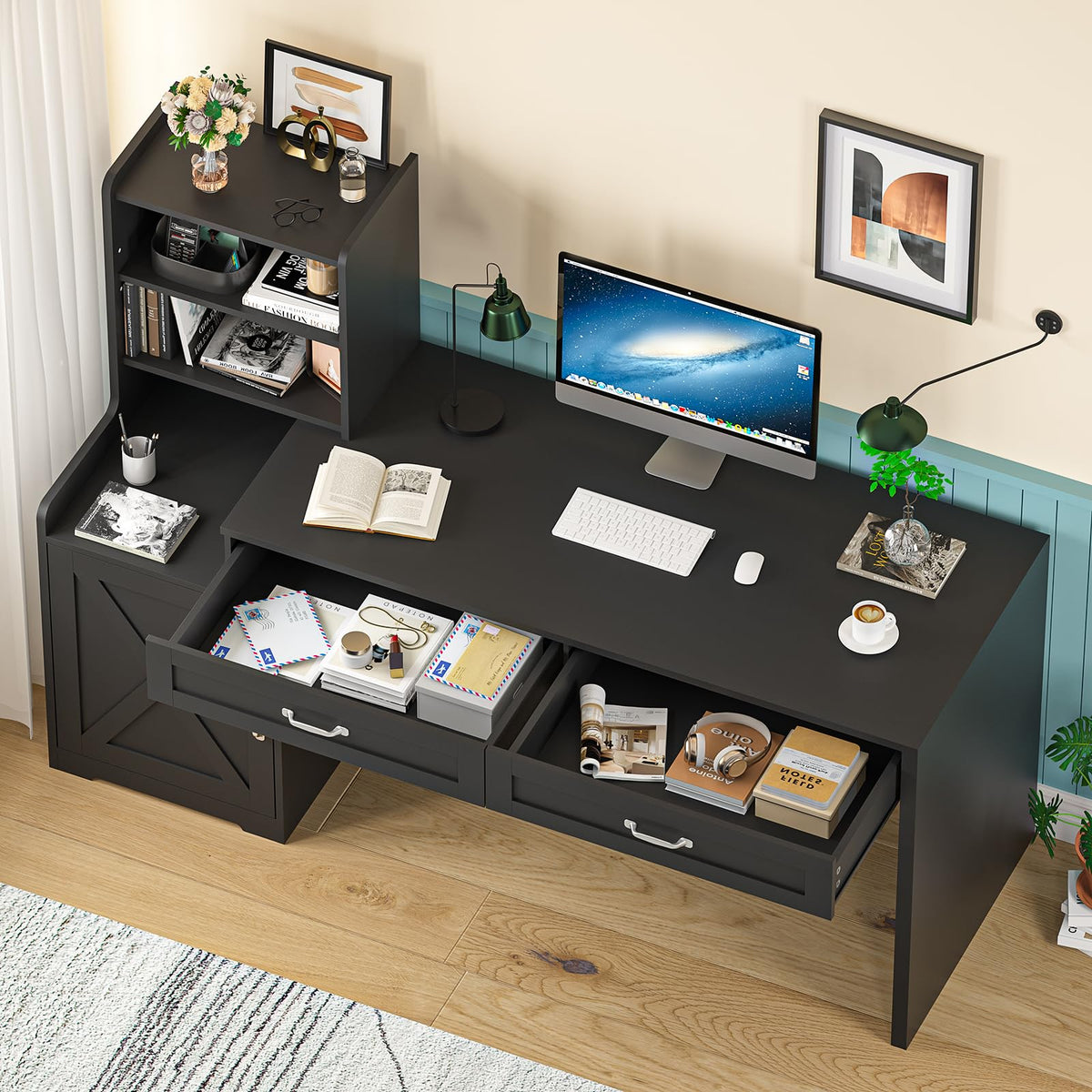 60" Computer Desk with Drawers & Bookshelves I61528