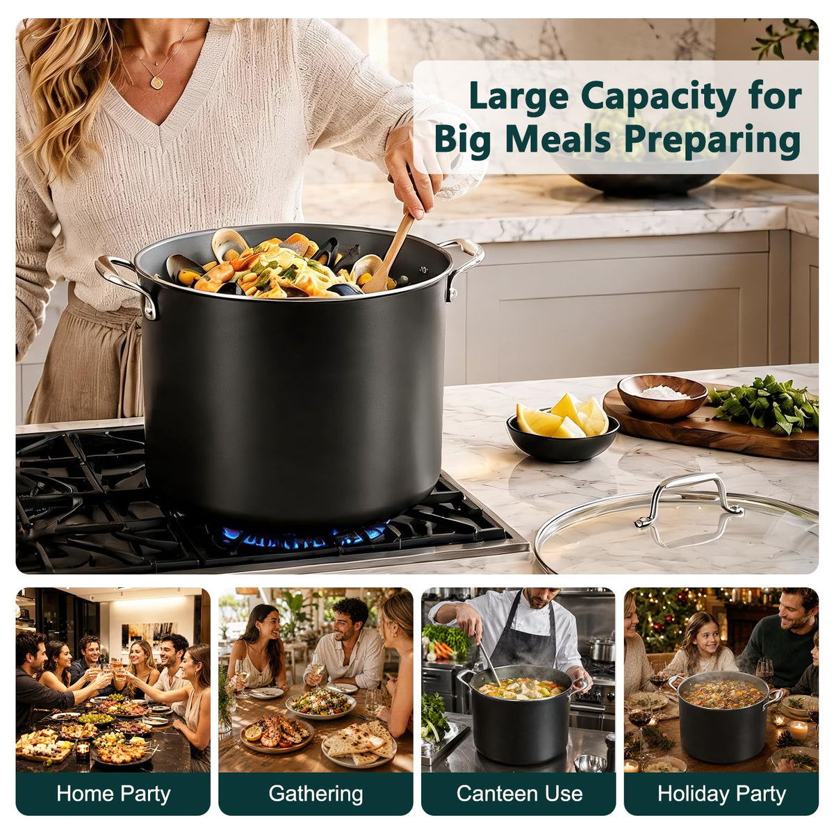 16QT Nonstick Ceramic Stock Pot with Tempered Glass Lid M387