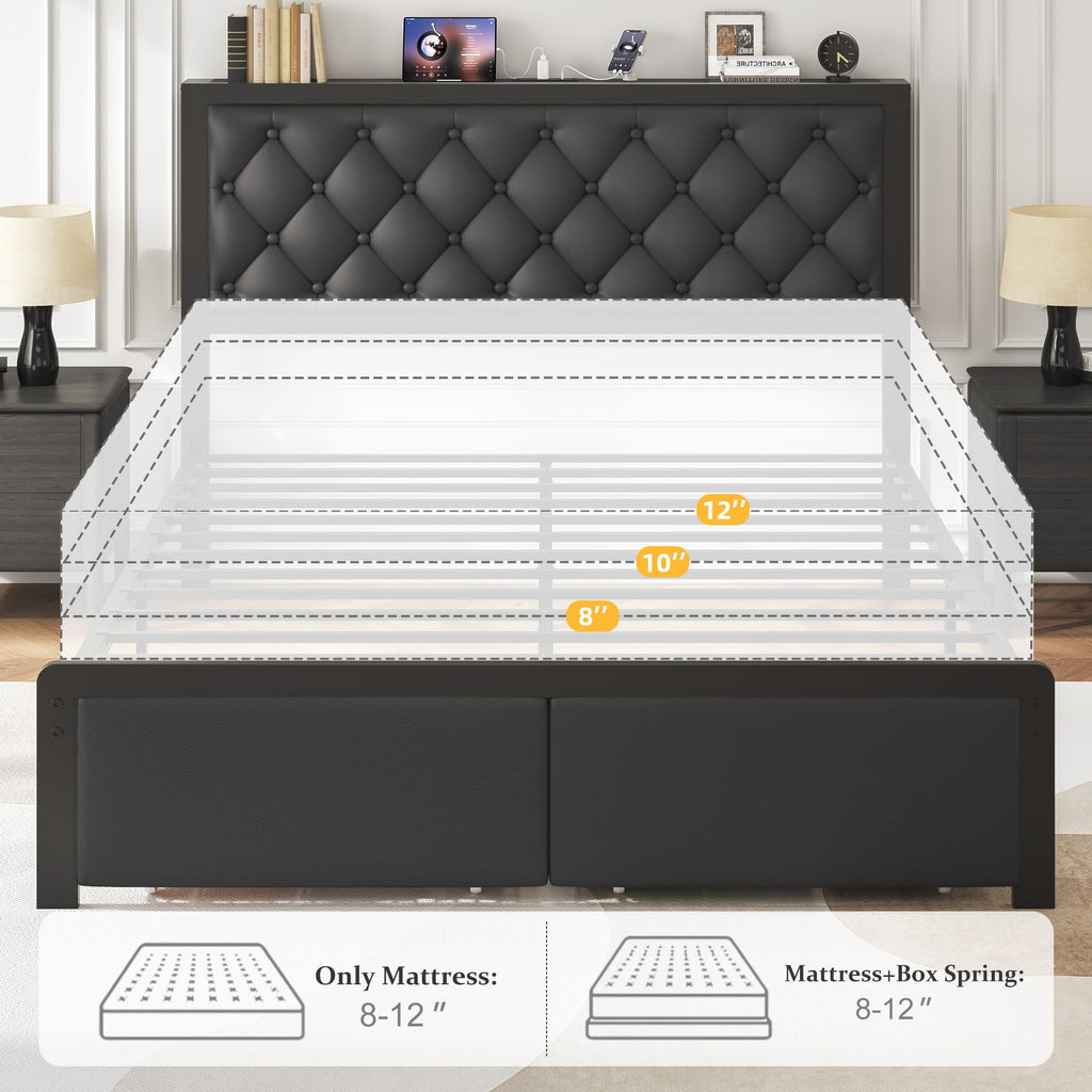 Queen Bed Frame with Upholstered Headboard and 2 Storage Drawers Y9958