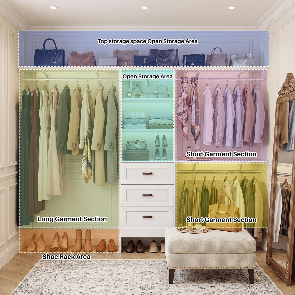 8FT White Wooden Closet System with 3 Drawers and 3 Hanging Rods P715059
