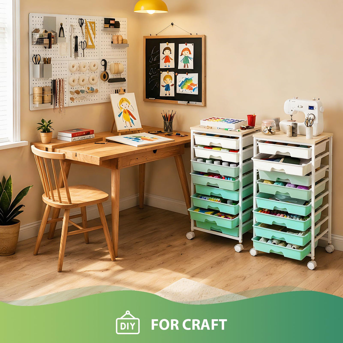 Green Rolling Cart with 8 Drawers W595089