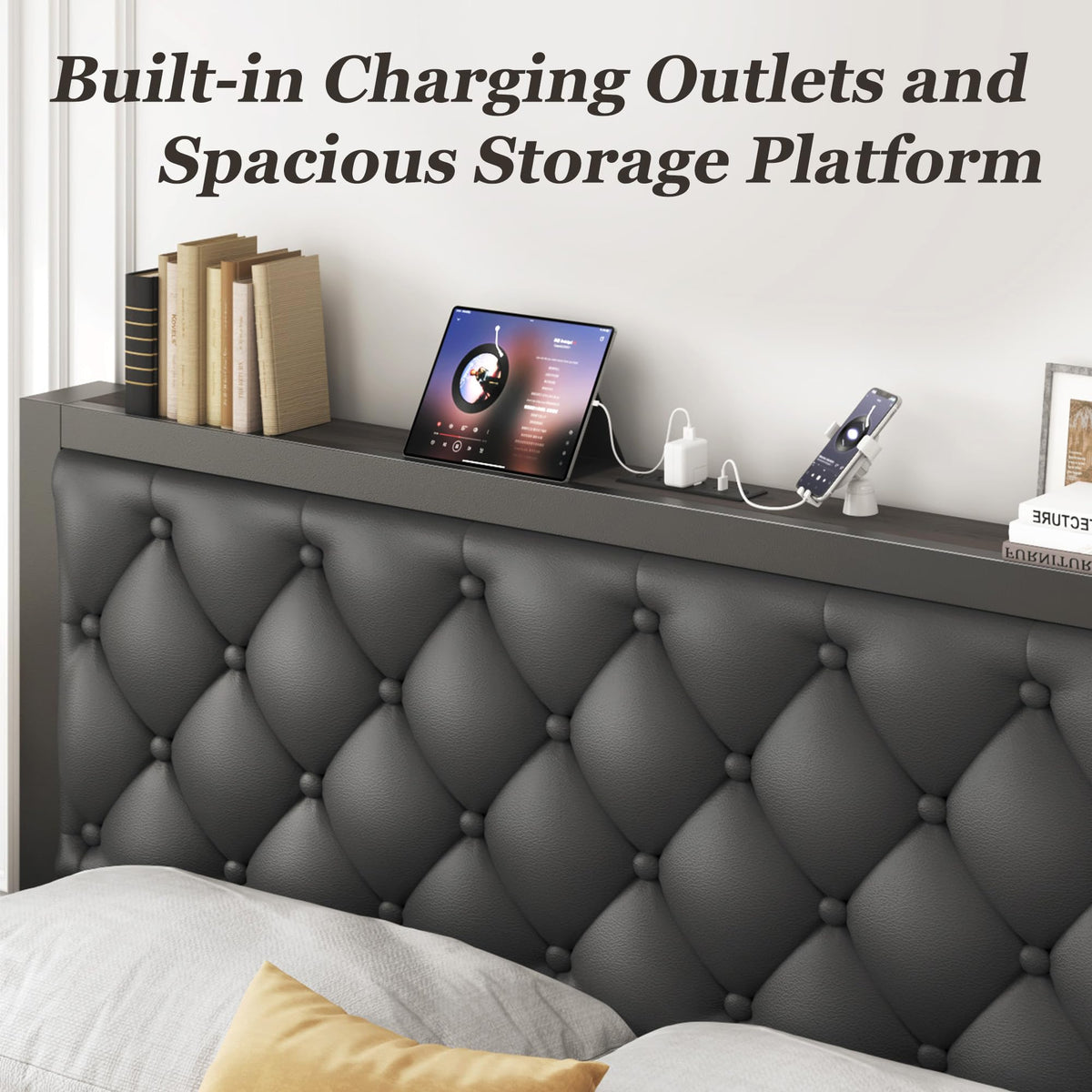 Queen Bed Frame with Upholstered Headboard and 2 Storage Drawers Y9958