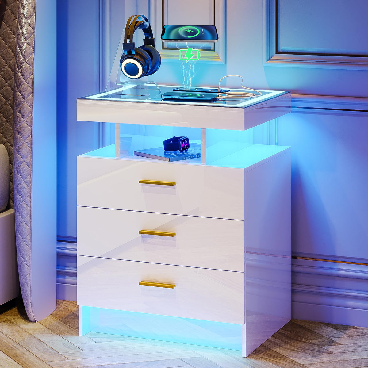 White LED Nightstand with Wireless Charging Station Q8368