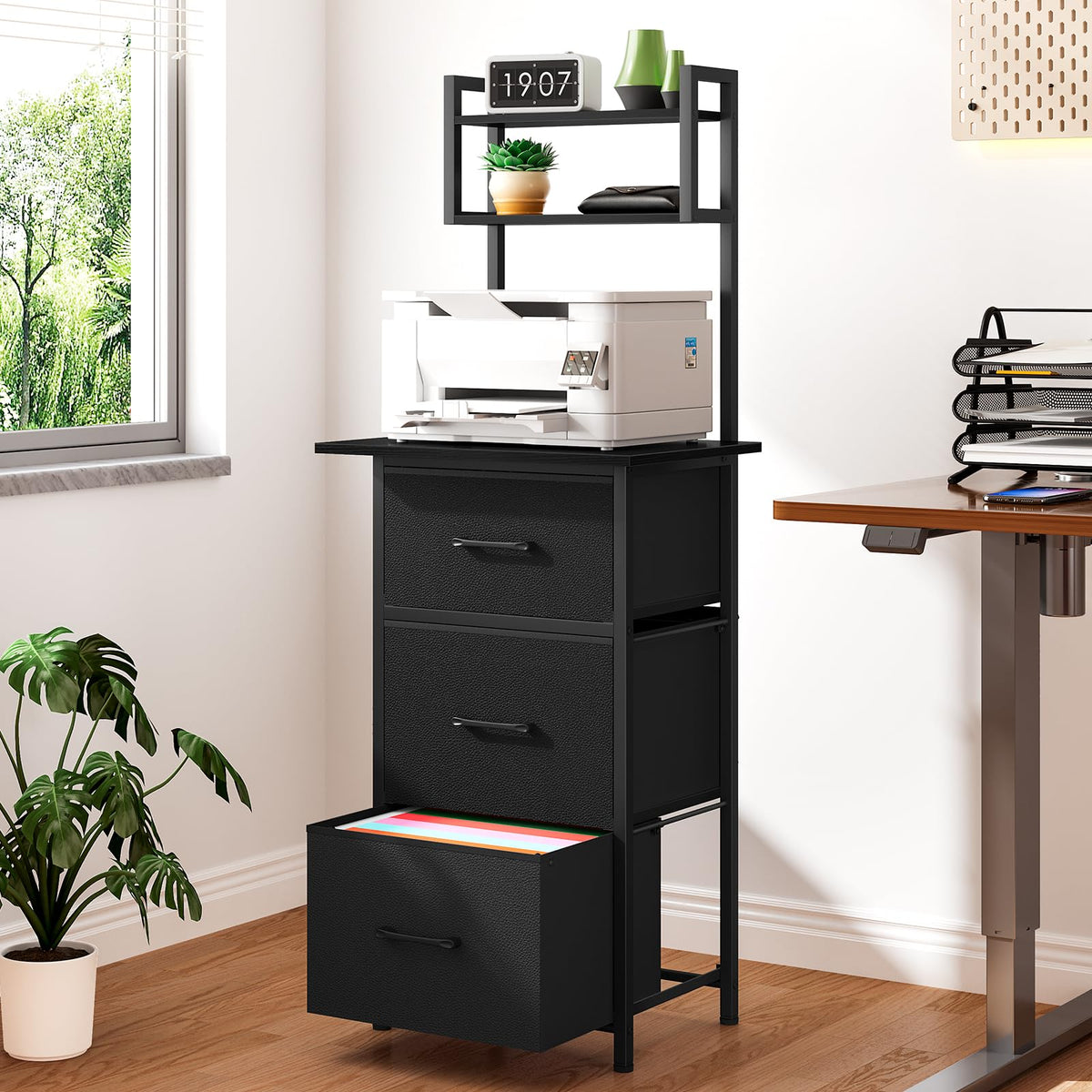 3 Drawer Tall File Cabinet with Extended Desktop, Black B126