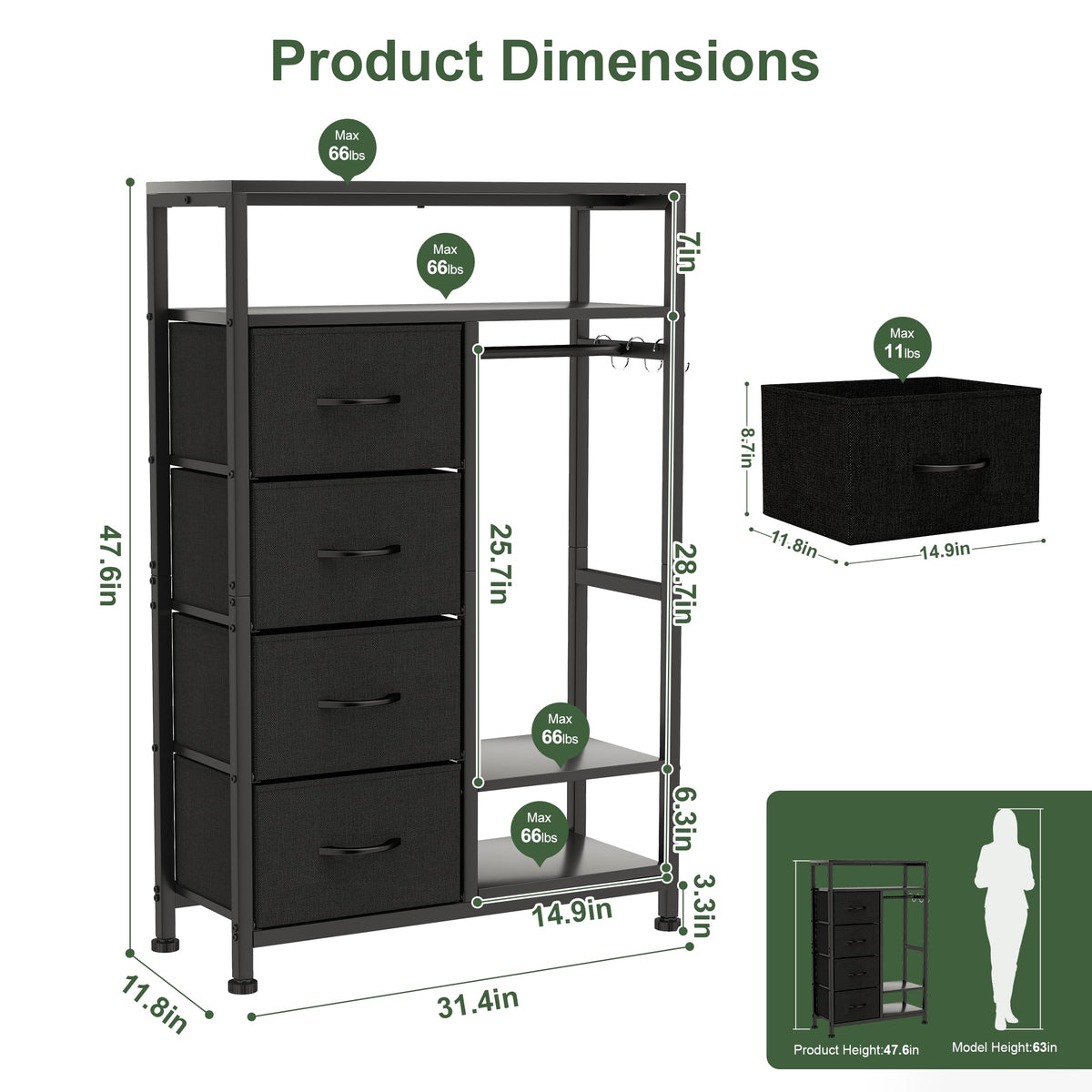 31.5" Dresser with Hanging Rack U9051