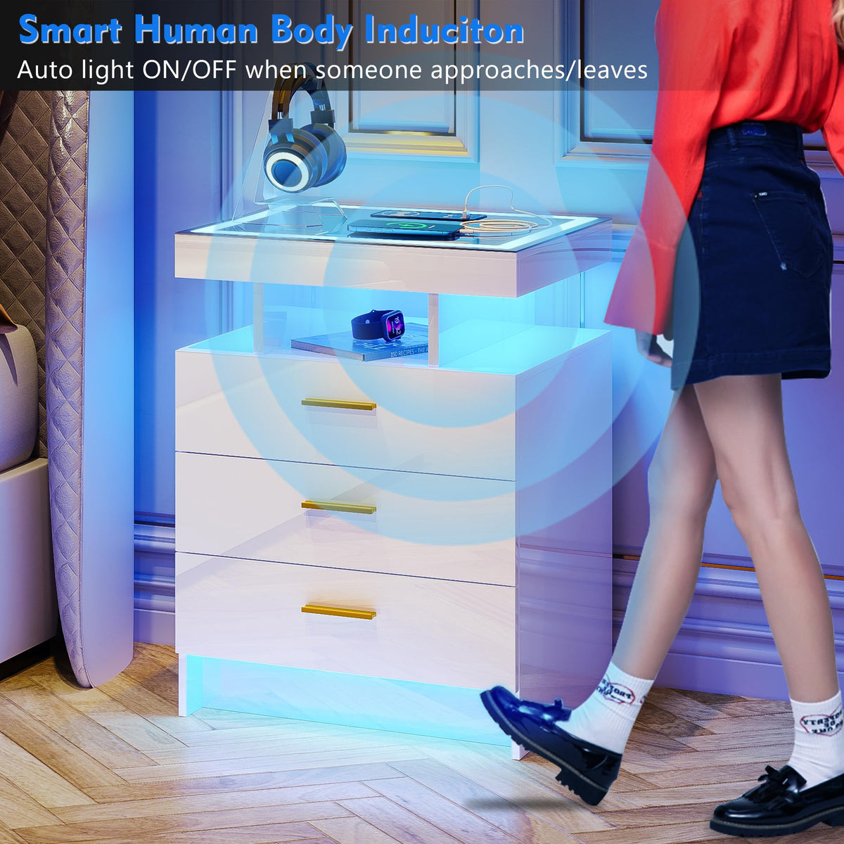 White LED Nightstand with Wireless Charging Station Q8368