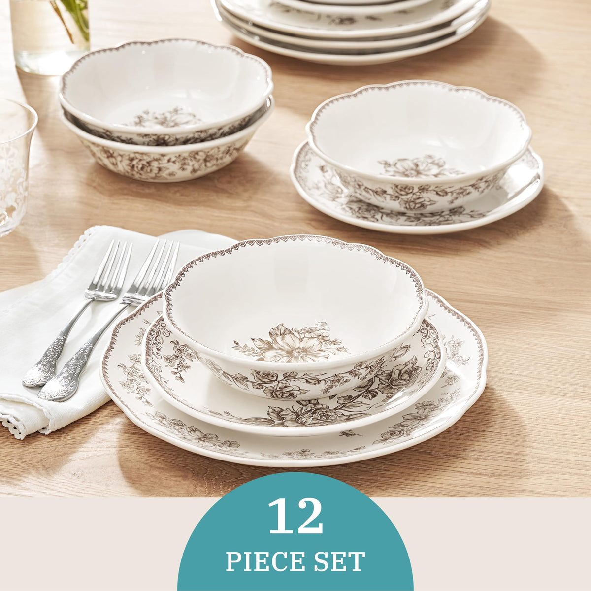 12 Piece Green Floral Stoneware Dinnerware Set G8229