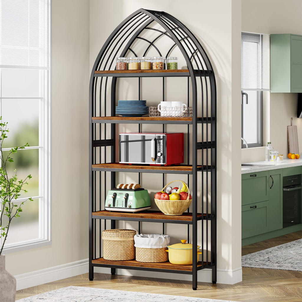 5-Tier 74.8-Inch Tall Curved Wood Bookshelf with Metal Frame G660786