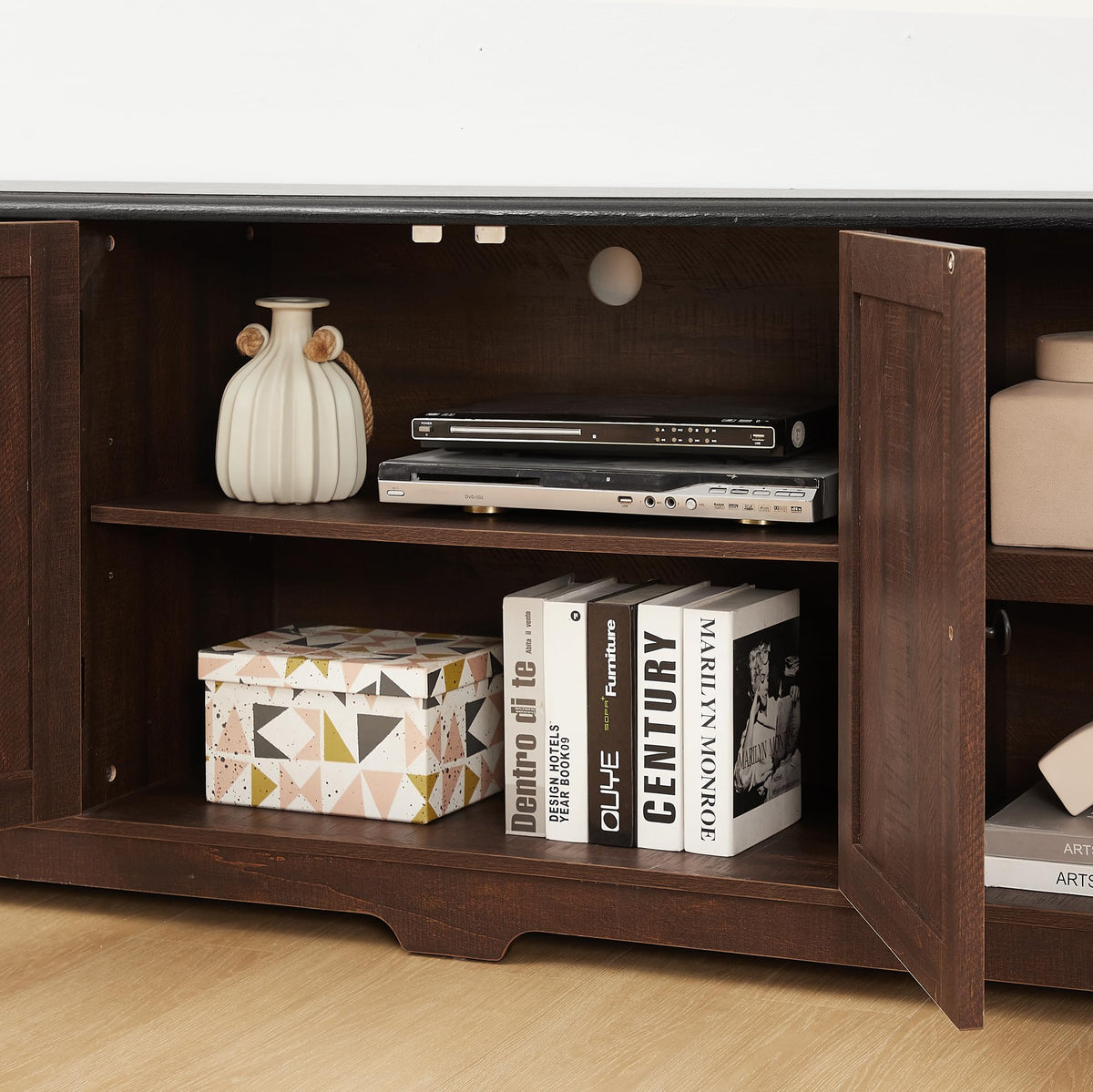 Espresso and Black TV Media Stand with Open Shelves and Closed Cabinets O82148