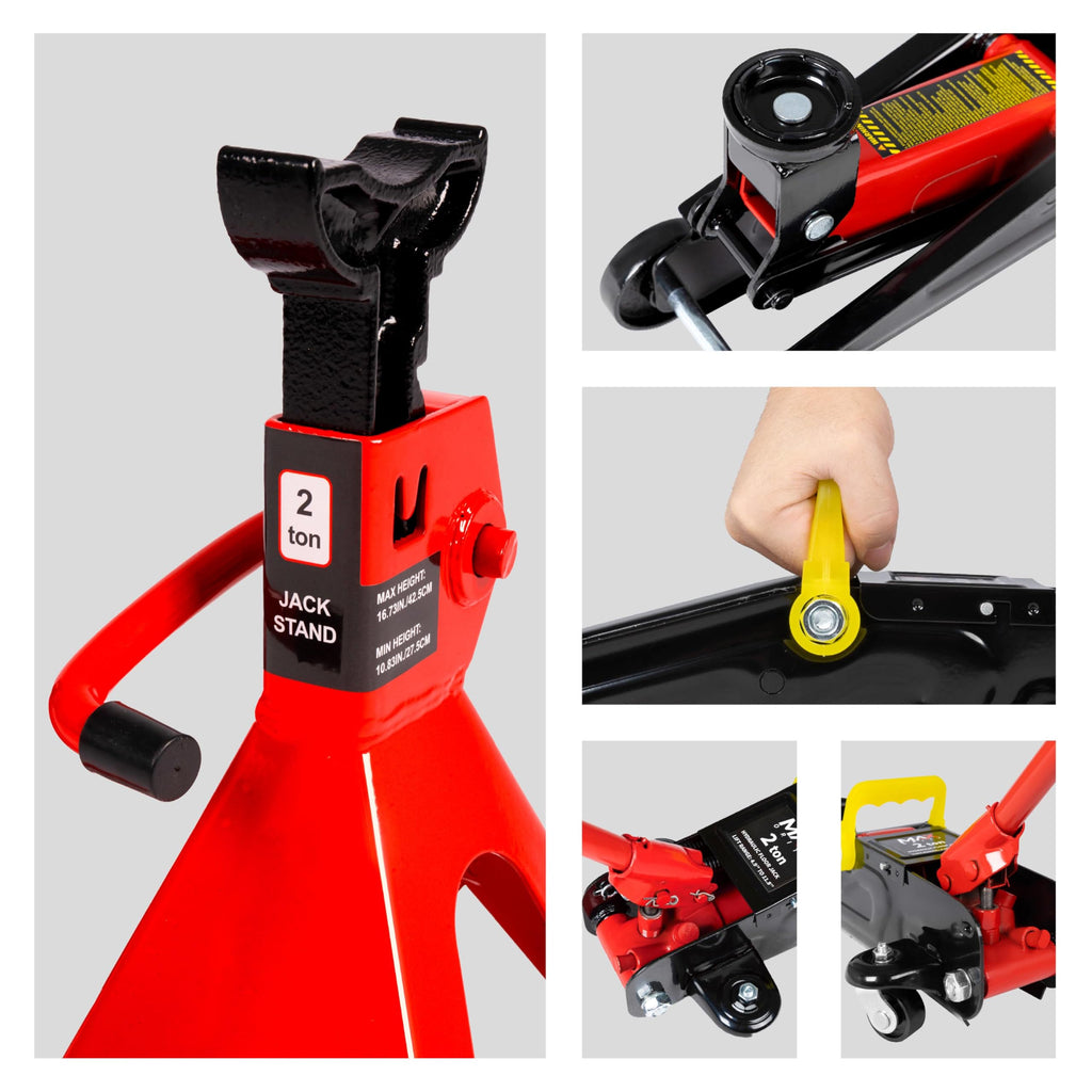 2-Ton Hydraulic Low Profile Trolley Floor Jack with Case and 1 Pair 2 Ton Jack Stands C818