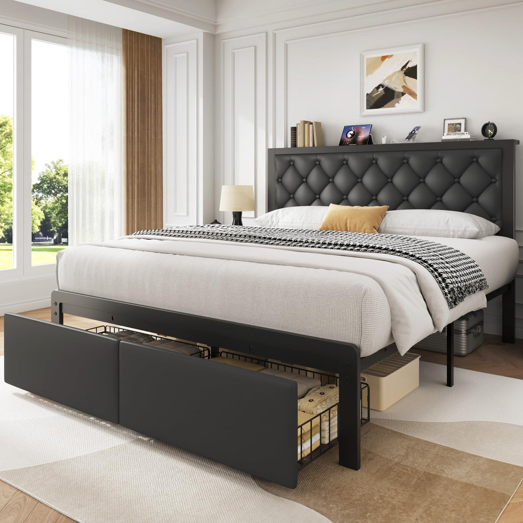 Queen Bed Frame with Upholstered Headboard and 2 Storage Drawers Y9958