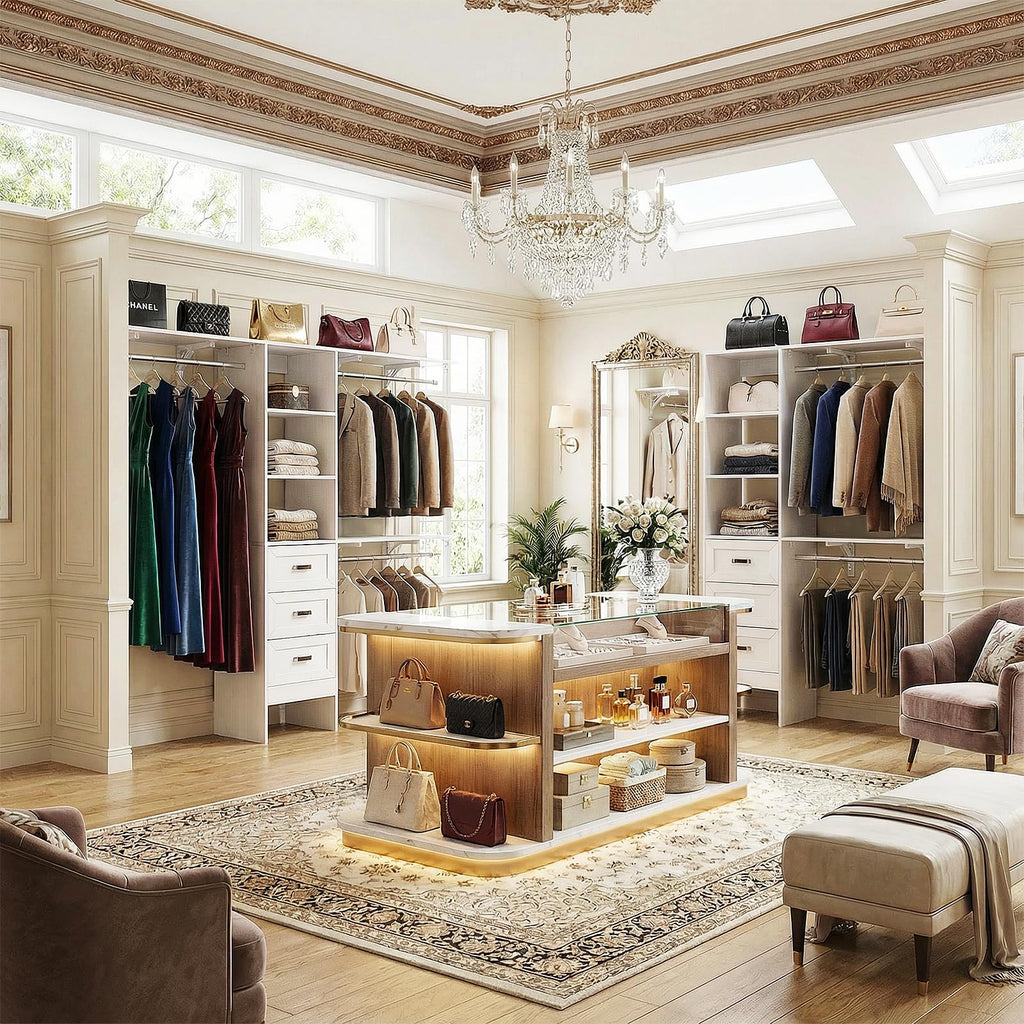 8FT White Wooden Closet System with 3 Drawers and 3 Hanging Rods P715059