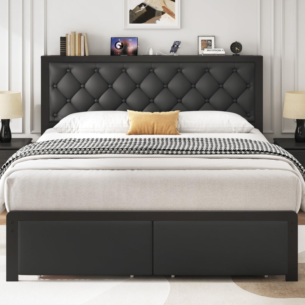 Queen Bed Frame with Upholstered Headboard and 2 Storage Drawers Y9958