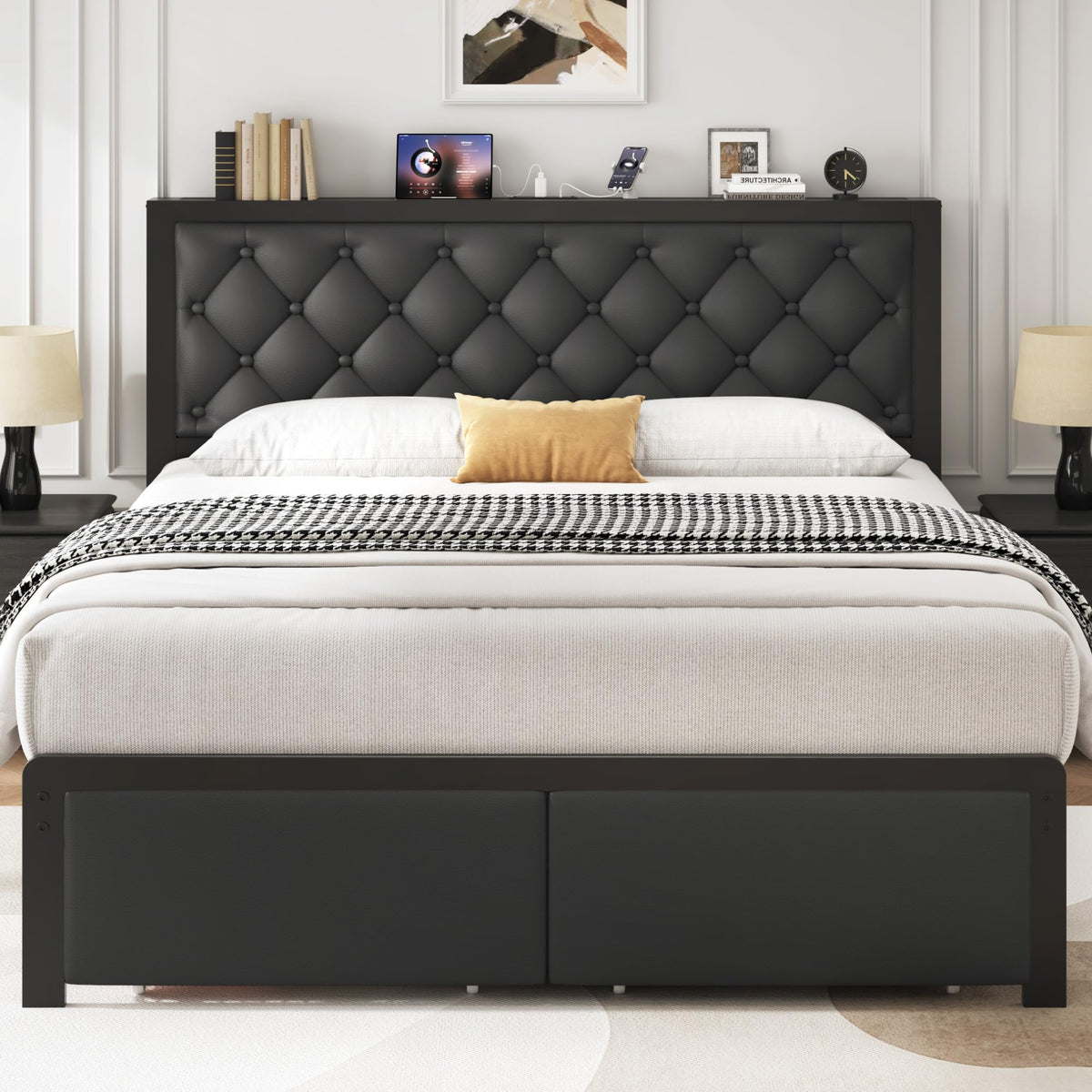 Queen Bed Frame with Upholstered Headboard and 2 Storage Drawers Y9958