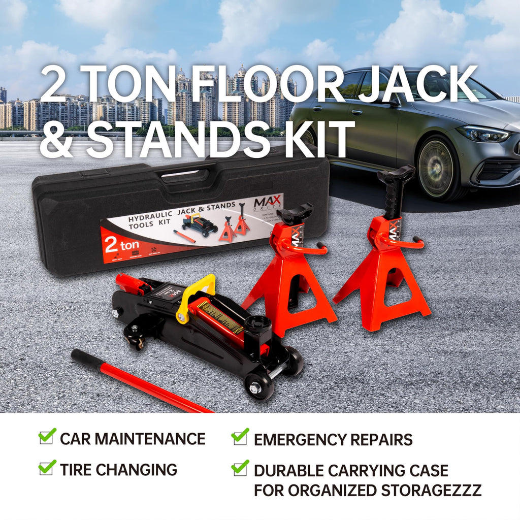 2-Ton Hydraulic Low Profile Trolley Floor Jack with Case and 1 Pair 2 Ton Jack Stands C818