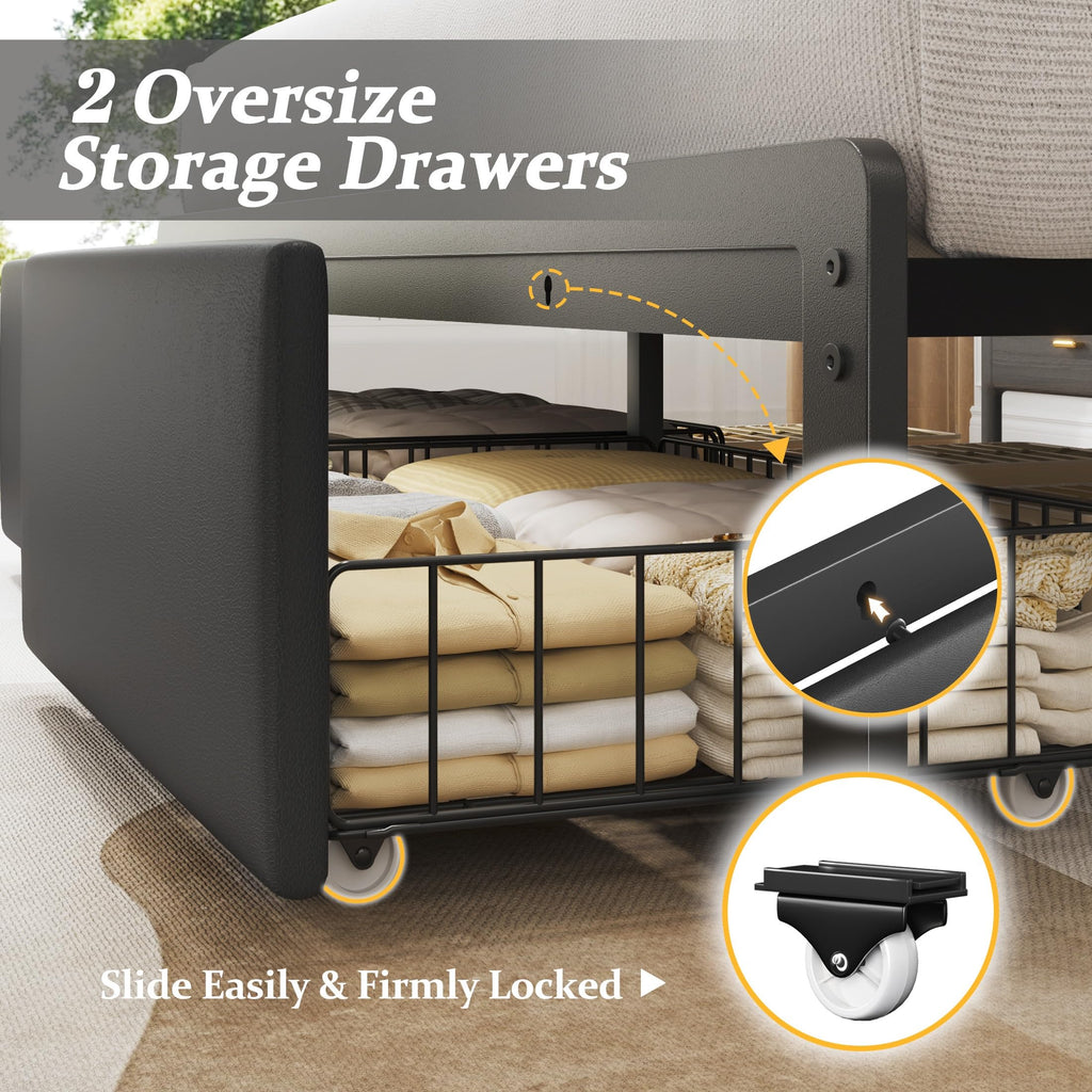 Queen Bed Frame with Upholstered Headboard and 2 Storage Drawers Y9958